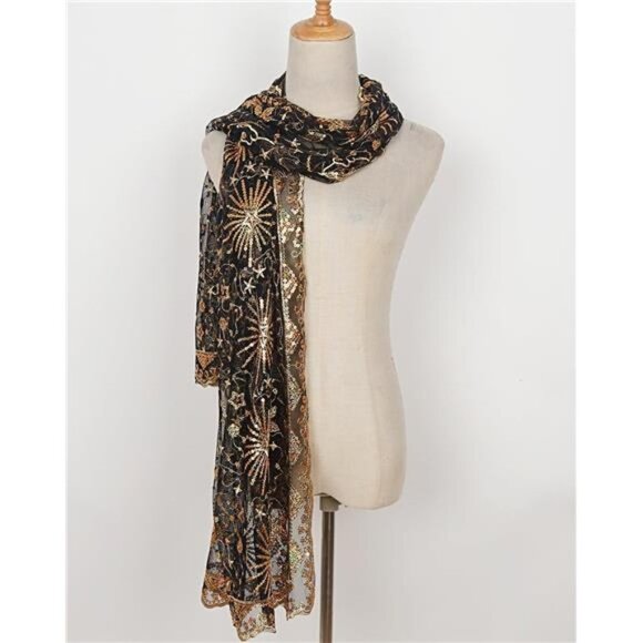 Boho Black Gold Moon & Star Sheer Mesh Sequin Embellished Shawl Wrap‎ Scarf - Picture 3 of 7